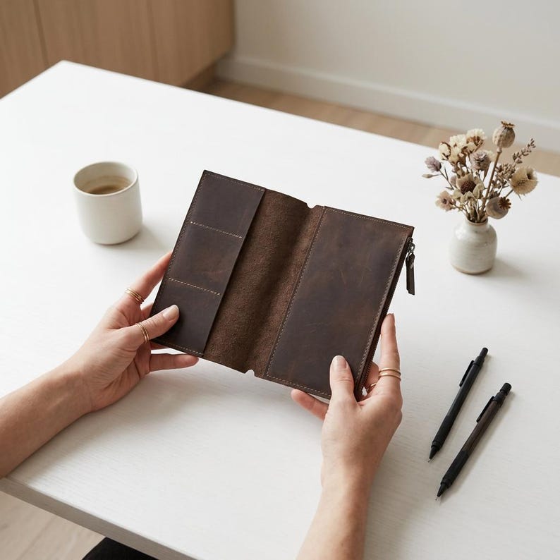 May include: A dark brown leather wallet with a vertical orientation, featuring multiple interior card slots on the left side and a zippered compartment on the right side, held open to display the interior structure and smooth leather texture.
