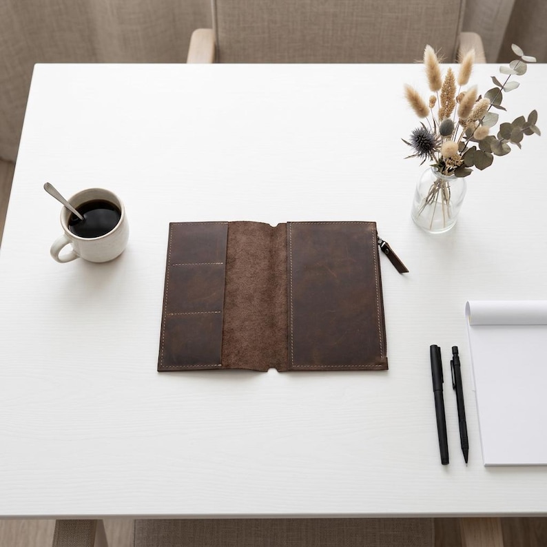 May include: An open dark brown leather wallet featuring a zippered compartment on the right side and three vertical card slots on the left side. The wallet is constructed with visible stitching along the edges and includes a leather zipper pull.
