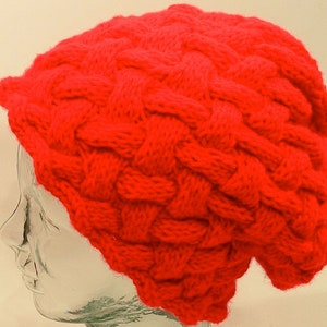 Womens Knit Hat Slouch Red Cable Cross Weave Braid Pom Large Agender Free Ship U.S.