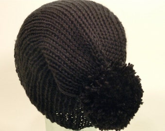 Womens Knit Hat Beanie Teen Girl Black Toque Cuff Slouch Large Pom Free Ship U.S.