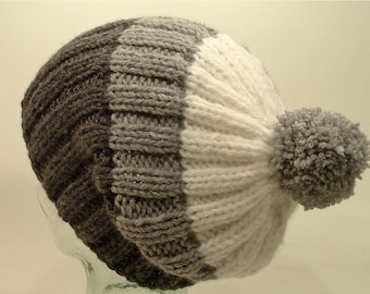 Mens Womens Large Knit Beanie Hat Gray Winter White Cuff Slouch Pom Free Ship U.S.