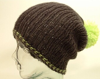 Agender Knit Hat Slouch Beanie Dark Gray Black Neon Green Pom Braid Free Ship U.S.