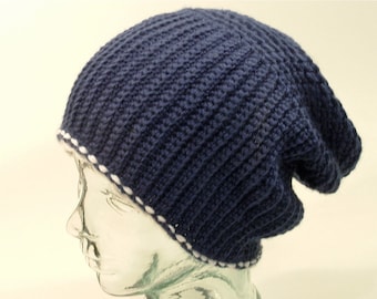 Mens Womens Hats Cuff Slouch Beanie Navy Blue White Line Custom Trend Free Ship U.S.