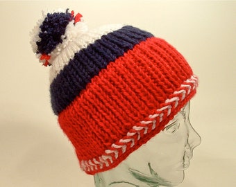 Mens Womens Large Beanie Pom Hat Flag Blue Red Right White America Free Ship U.S.