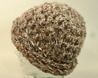 Womens Knit Hat Gray Brown Cuff Brim Lightweight Mohair Novelty Yarn Free Ship U.S.