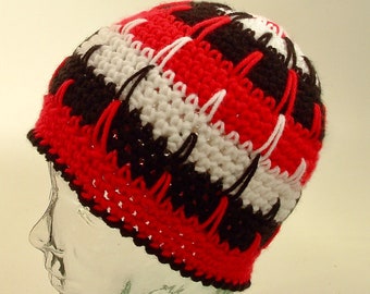 Womens Mens Vegan Hat Beanie Red Black White Team Color Crochet Free Ship U.S.