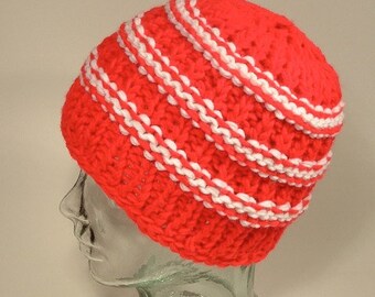 Rib Knit Beanie, Stripes, Custom School Colors: Red White Pom Options