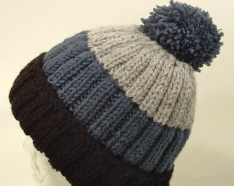 Mens Large Knit Beanie Hat Pom Black Gray Denim Blue Cuff Slouch Style Free Ship U.S.