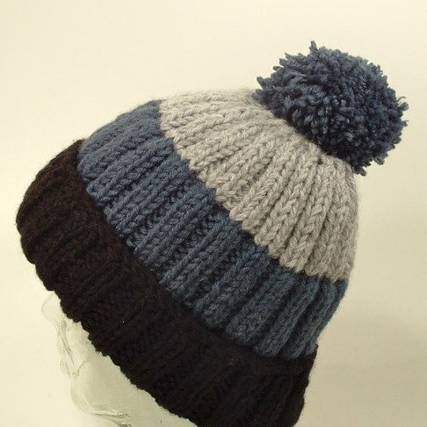 Mens Large Knit Beanie Hat Pom Black Gray Denim Blue Cuff Slouch Style Free Ship U.S.