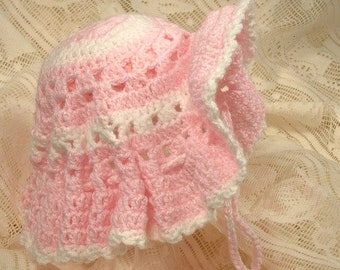 Heirloom Baby Bonnet Girl Hat Infant Cap Pink White Frilly Ruffle Free Ship U.S.