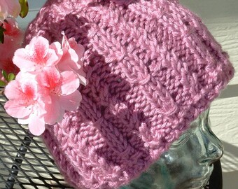 Womens Knit Hat Cable Winter Pink Soft Rose Plum Bamboo Texture Free Ship U.S.