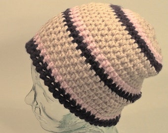 Womens Hat Slouch Back Beanie Beige Sand Pink Purple Stripe Free Ship U.S.