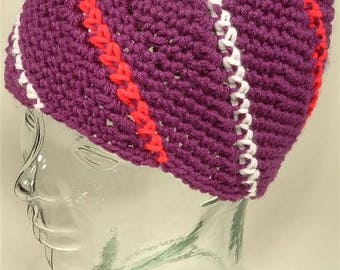 Mens Womens Beanie Hat Purple Red White Stripe Fleece Pom Custom Free Ship U.S.