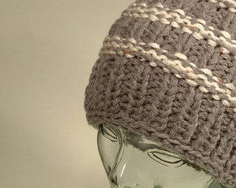 Mens Womens Knit Hat Beanie Gray White Stripes Stretch Large Fit Pom Free Ship U.S.