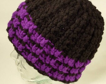 Mens Womens Chunky Crochet Large Hat Black Purple Stripes Fleece Free Ship U.S.