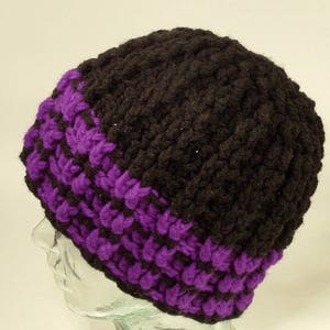 Mens Womens Chunky Crochet Large Hat Black Purple Stripes Fleece Free Ship U.S.