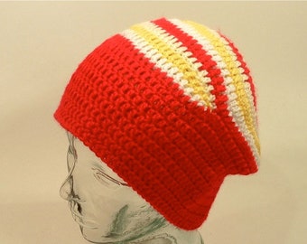 Beanie Hat Cap Thin Layer Red Yellow Stripe Light Soft Crochet Nautilus Spiral Free Ship U.S.