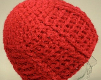 Womens Hat Beanie Red Chunky Texture Cable Basket Weave Crochet Free Ship U.S.