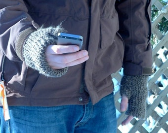 Mens Hand Warmers Fingerless Knit Gloves Mitts Brown Use Phone E Devce Free Ship U.S.