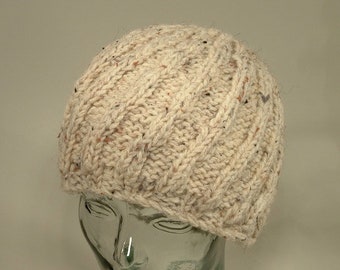 Mens Womens Knit Hat Natural Ecru Cable Twist Rib Diagonal Wave Winter Free Ship U.S.