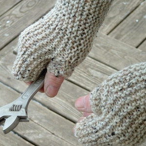 Mens Fingerless Knit Work Gloves Mittens Large Hands Gray Tweed Free Ship U.S. Beige