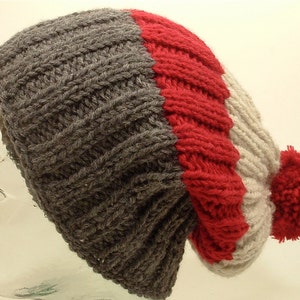 Mens Womens Knit Hat Big Beanies Cuff Ponytail Pom Black Red White Stripes Slouch Free Ship U.S. image 4