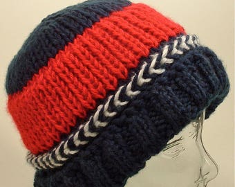 Mens Womens Knit Hat Beanie Navy Blue Red White USA Arrow Accent Braid Pom Option Free Ship U.S.