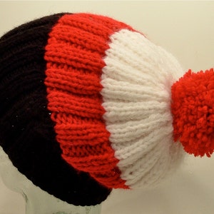 Mens Womens Knit Hat Big Beanies Cuff Ponytail Pom Black Red White Stripes Slouch Free Ship U.S. image 1