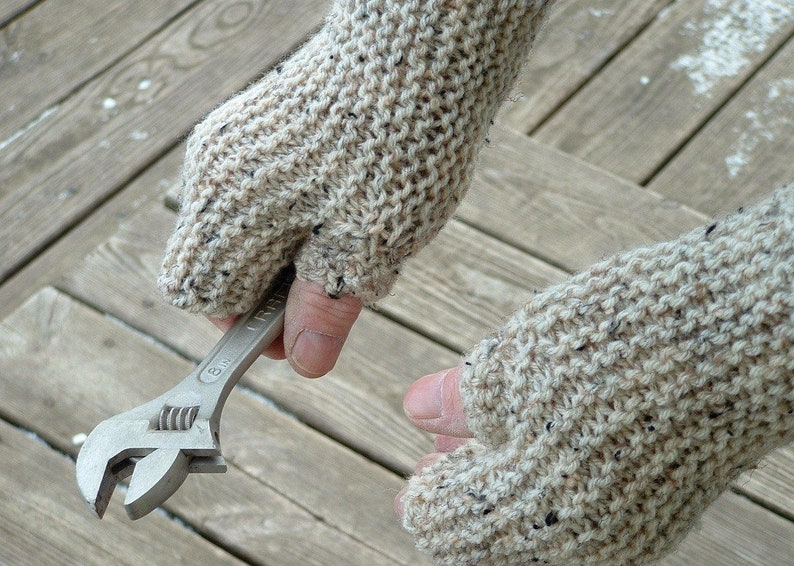 Mens Fingerless Knit Work Gloves Mittens Large Hands Gray Tweed Free Ship U.S. Beige