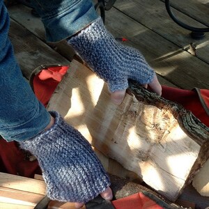Mens Fingerless Knit Work Gloves Mittens Large Hands Gray Tweed Free Ship U.S. image 2
