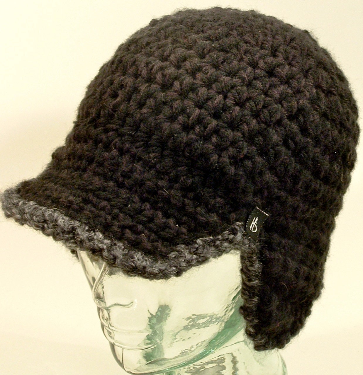 Mens Beanie Hat Ear Flap Helmet White Black Edge Crochet Fleece Pom