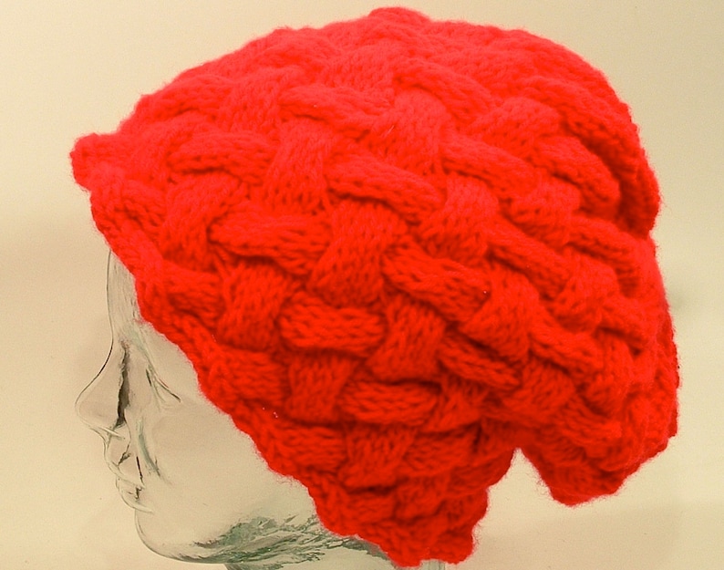 Womens Hat Beanie Red Chunky Texture Cable Basket Weave Crochet Free Ship U.S.
