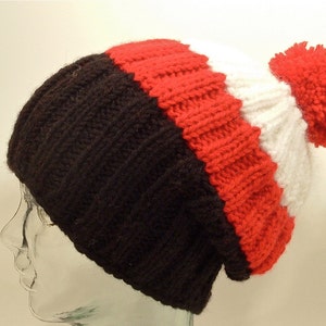 Mens Womens Knit Hat Big Beanies Cuff Ponytail Pom Black Red White Stripes Slouch Free Ship U.S. Black