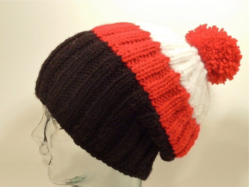 Mens Womens Knit Hat Big Beanies Cuff Ponytail Pom Black Red White Stripes Slouch Free Ship U.S. Black