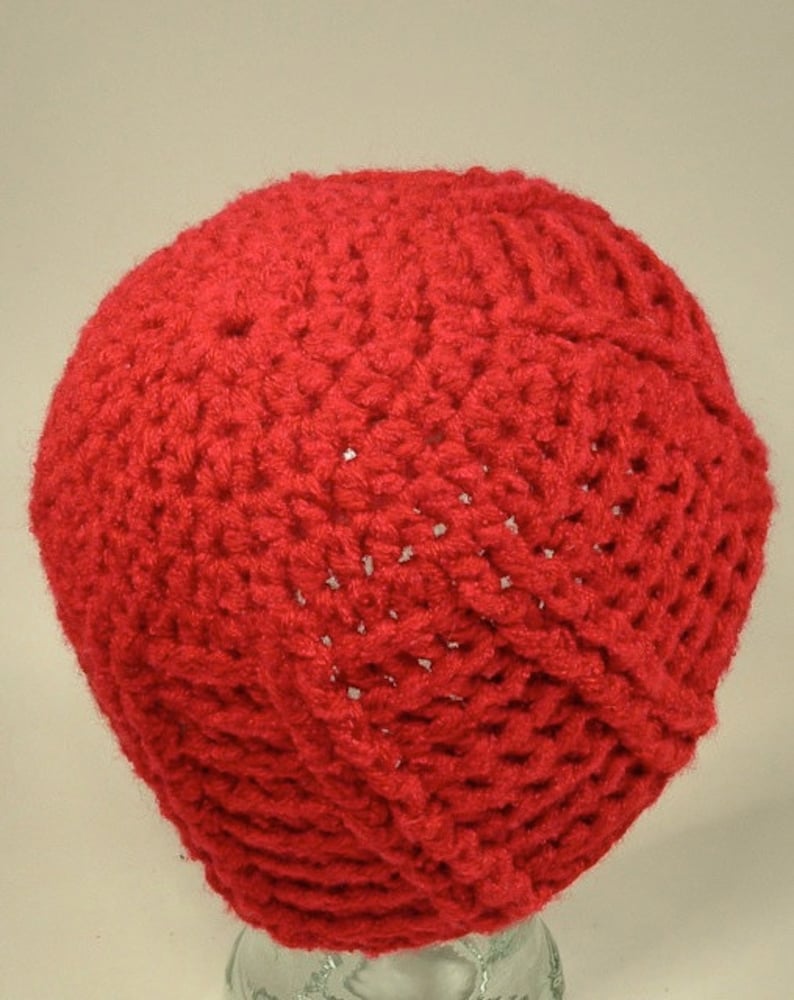 Womens Hat Beanie Red Chunky Texture Cable Basket Weave Crochet Free Ship U.S.