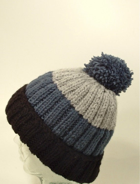 Mens Large Knit Beanie Hat Pom Black 