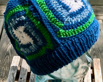 Mens Womens Beanie Cap Crochet Squares Blue White Green