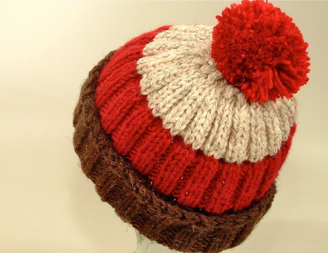 Mens Womens Knit Hat Pom Large Brown Red Natural Winter White Etsy UK
