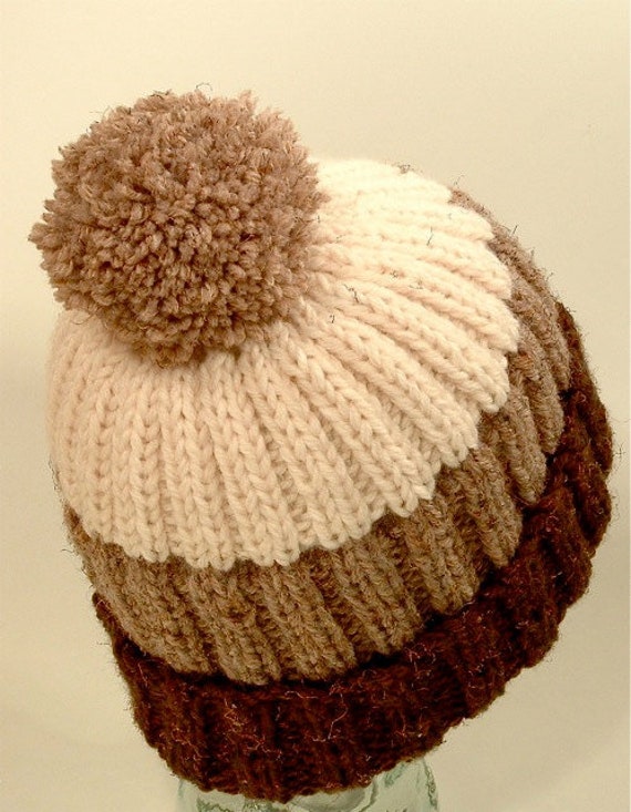 Knit Hat Pom Large Men Women Brown Tan Winter White Natural  display picture 1