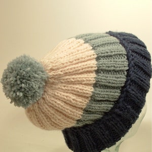 Mens Womens Knit Hat Big Beanies Cuff Ponytail Pom Black Red White Stripes Slouch Free Ship U.S. Blue