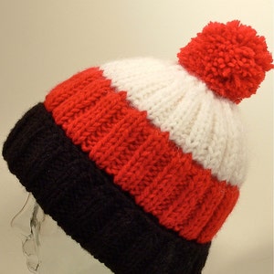 Mens Womens Knit Hat Big Beanies Cuff Ponytail Pom Black Red White Stripes Slouch Free Ship U.S. image 3