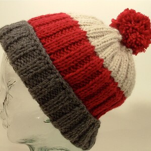 Mens Womens Knit Hat Big Beanies Cuff Ponytail Pom Black Red White Stripes Slouch Free Ship U.S. image 6