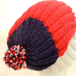 Mens Womens Knit Hat Big Beanies Cuff Ponytail Pom Black Red White Stripes Slouch Free Ship U.S. image 9