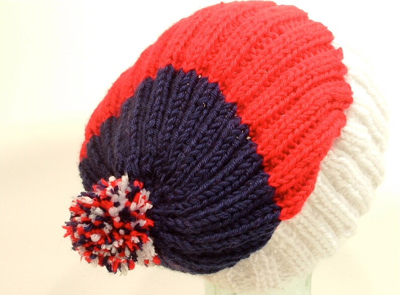 Mens Womens Knit Hat Big Beanies Cuff Ponytail Pom Black Red White Stripes Slouch Free Ship U.S. image 9