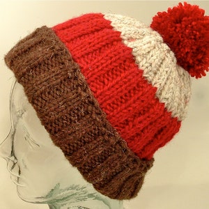 Mens Womens Knit Hat Big Beanies Cuff Ponytail Pom Black Red White Stripes Slouch Free Ship U.S. Red