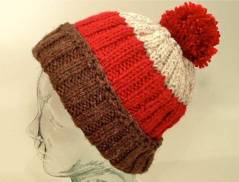 Mens Womens Knit Hat Big Beanies Cuff Ponytail Pom Black Red White Stripes Slouch Free Ship U.S. Red