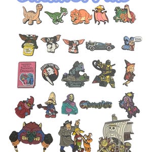 May include: A collection of colorful enamel pins featuring various cartoon characters, movie references, and fantasy figures. The pins include dinosaurs, Gremlins, a vintage car, and characters from "Handbook for the Recently Deceased" and "ThunderCats". The text "Enamel Pins" is at the top.