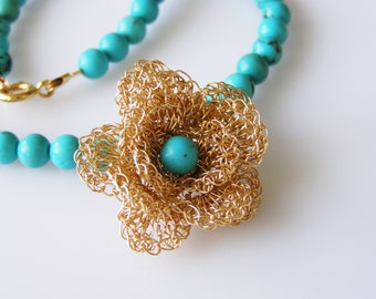 Turquoise Flower Necklace, Statement Flower Necklace,  Beaded Turquoise Necklace, Statement Turquoise Necklace, Statement Wedding Necklace