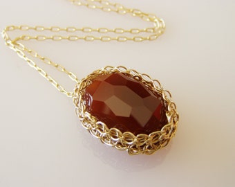 Carnelian Necklace, Crochet Goldfilled Wire, Wire warapped Jewelry, Bridesmaid Jewelry, Wire Crochet Jewelry