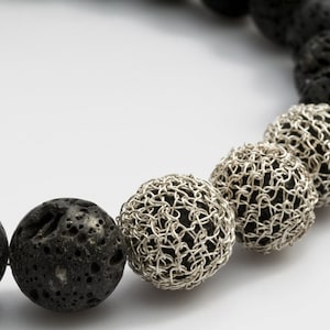 Black Lava Necklace,  Black Statement Necklace, Black Silver Necklace, Chic Necklace, Black Natural Stone Jewelry, Crochet Wire Jewelry